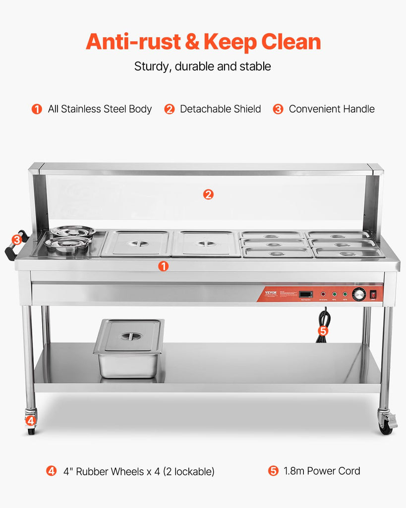 Commercial Food Warmer, 8 Pans + 2 Pots Electric Steam Table, 1800W Professional Buffet Catering Food Warmer with