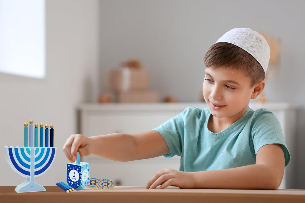 Mini Blue Hanukkah , 5" Inch Children Wooden Chanukah Set with Removable Wooden Candles, 3" Inch Dreidel, and Gelt
