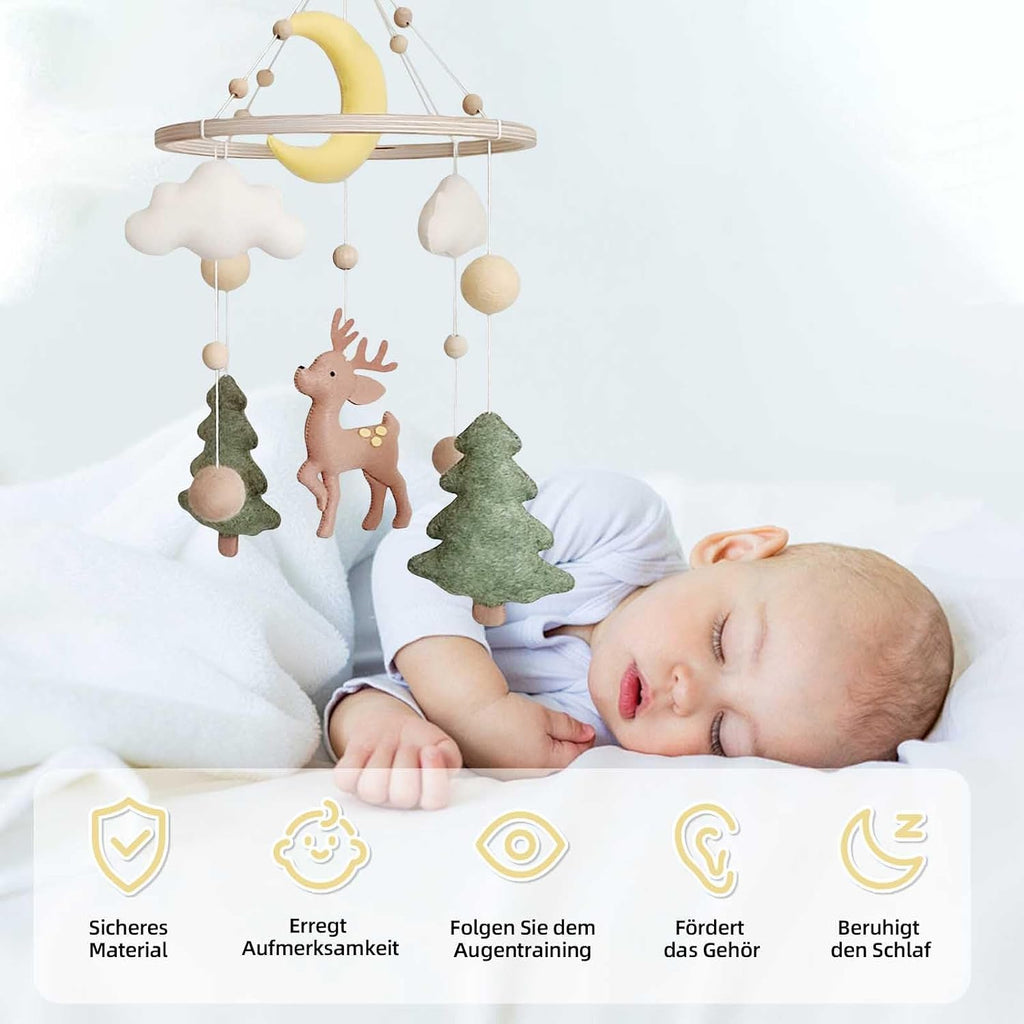 Baby Mobile for Crib - A Gender Neutral Deer Forest Crib Mobile with Felt Clouds and Trees for Jungle Theme Nursery