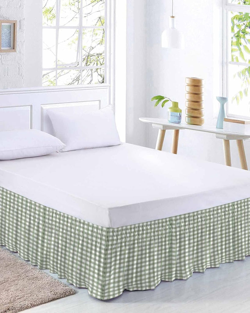 Sage Green Buffalo Plaid Bed Skirt King Size 18 Inch Drop, Adjustable Elastic Bedskirt Dust Ruffle for King Size Bed