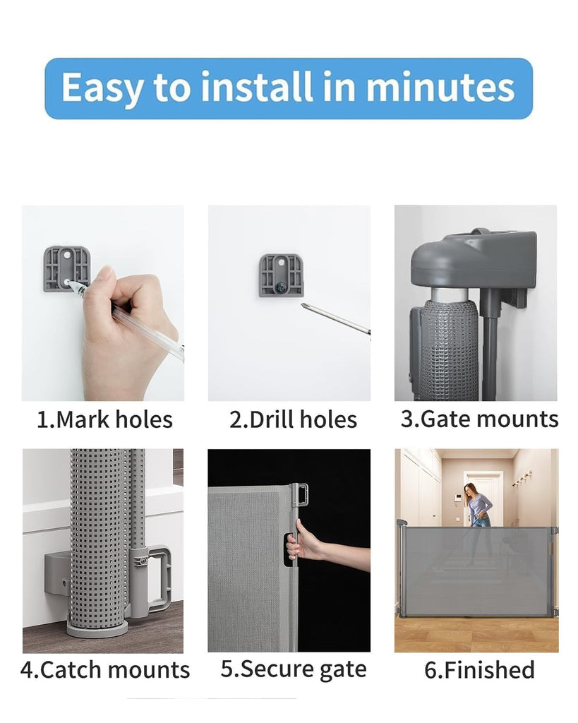 Retractable Dog Gate and Baby Gate for Stairs, 33"H x 71"W, Drill Mount