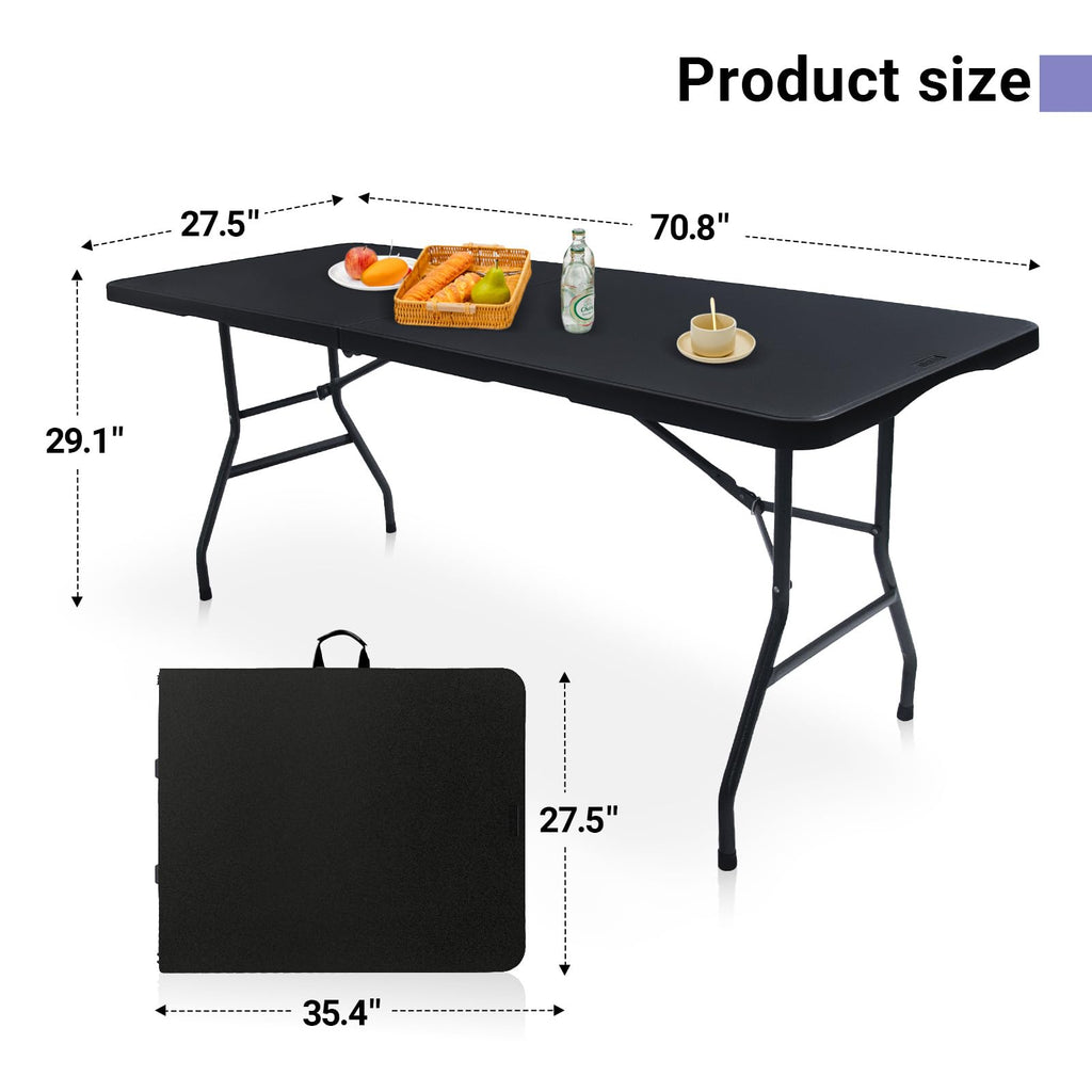 Folding Table 6ft, Heavy Duty Plastic Fold-in-Half Utility Table, Black