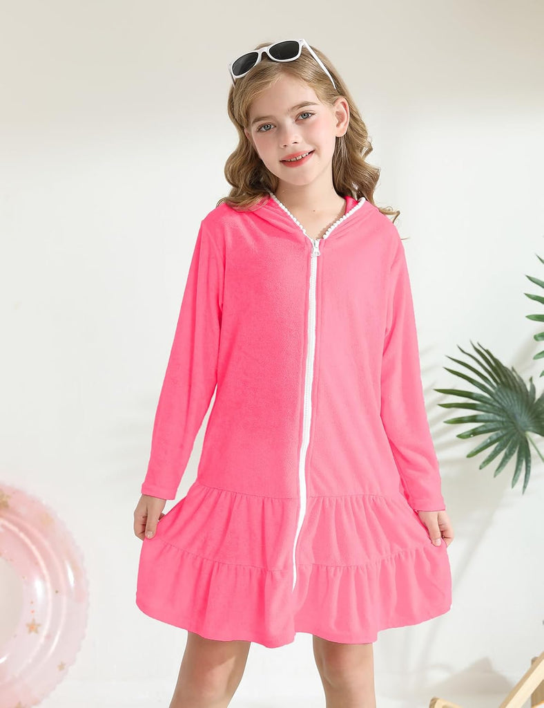 Girls Swim Cover Up Kids Long Sleeve Swimsuit Coverup Terry Beach Pool Clothes with Sunglasses