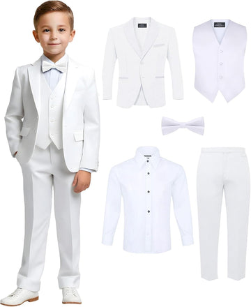 Boys 5 Piece Tuxedo Set with Jacket, Pants, Shirt, Vest & Bow Tie