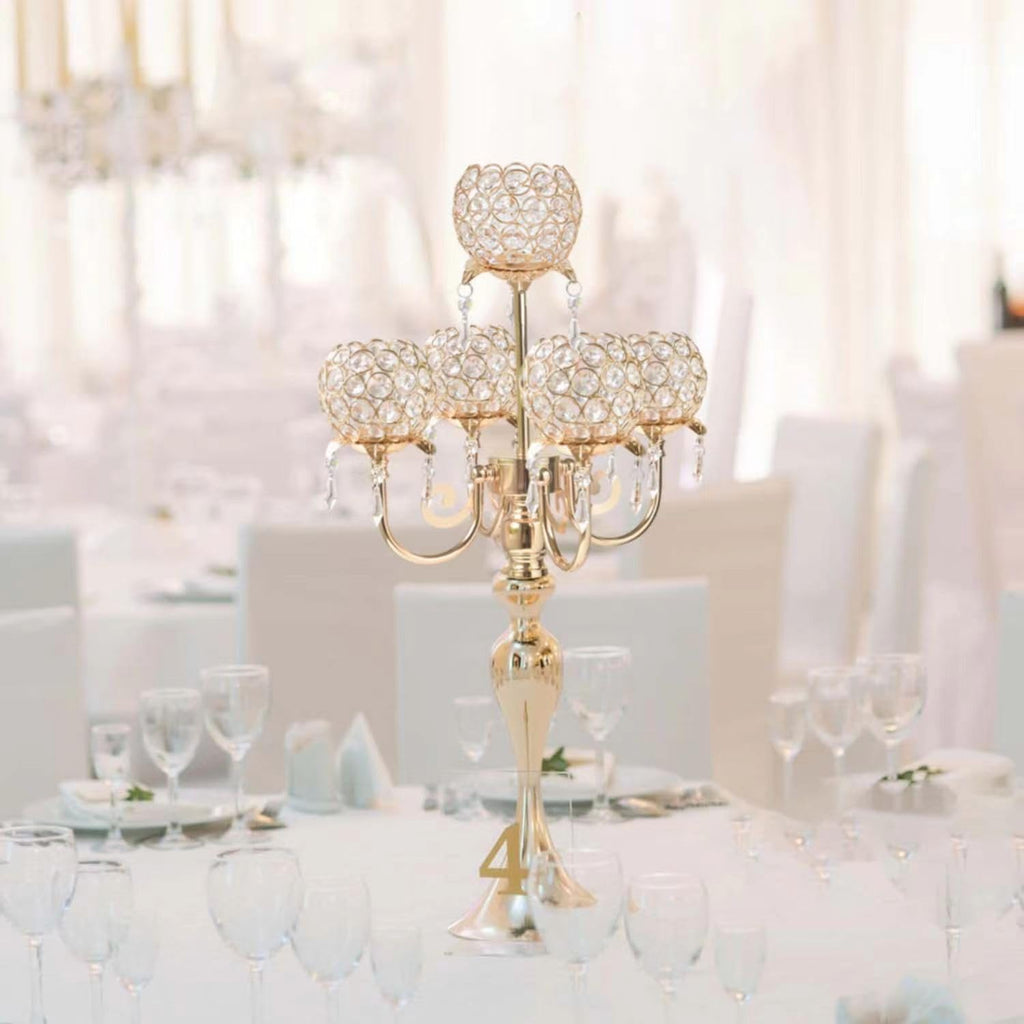 2 PCS Kehail Crystal Table Decoration Gold Candle Holder with Pendant, 5 Arm Candelabra Holder Beautiful Hollow