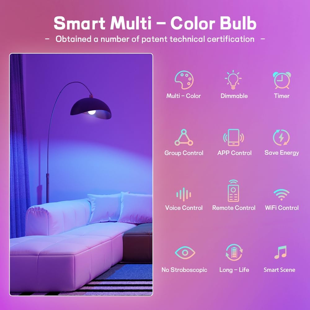Smart Led Light Bulbs, Wi-Fi Magic Home Light Bulbs for Alexa & Google Assistant, E26, A19 Music Sync Color Changing