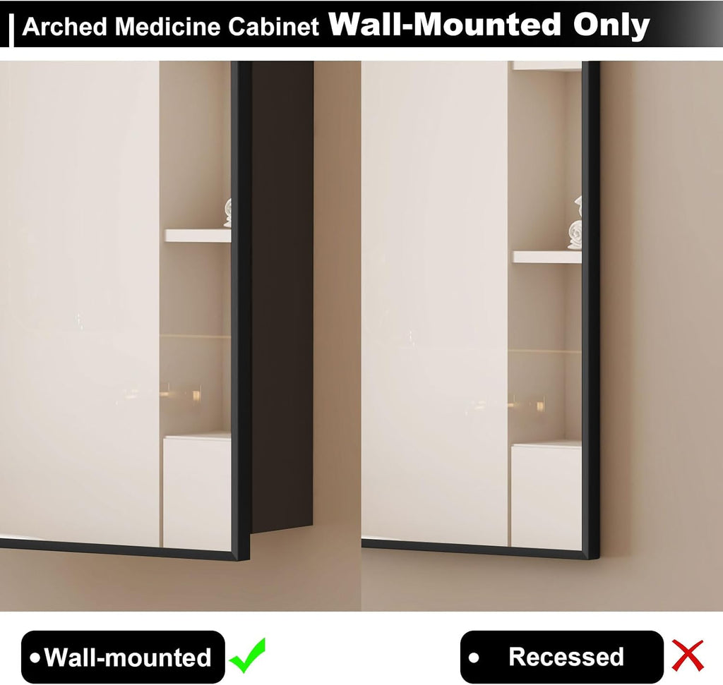 Arched Medicine Cabinet with Mirror, Arched Mirror Cabinet | Black Metal Edge,Medicine Cabinet Surface Mount