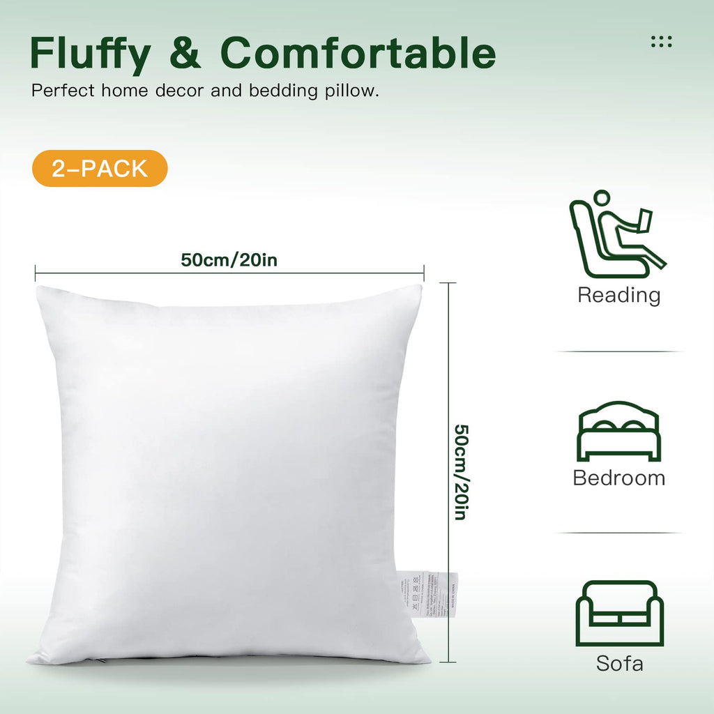 Pack of 2 Throw Pillow Inserts, 20 x 20 Square Cushion Inner Soft Fluffy Plump Stuffer Cushion Pads White Decorative
