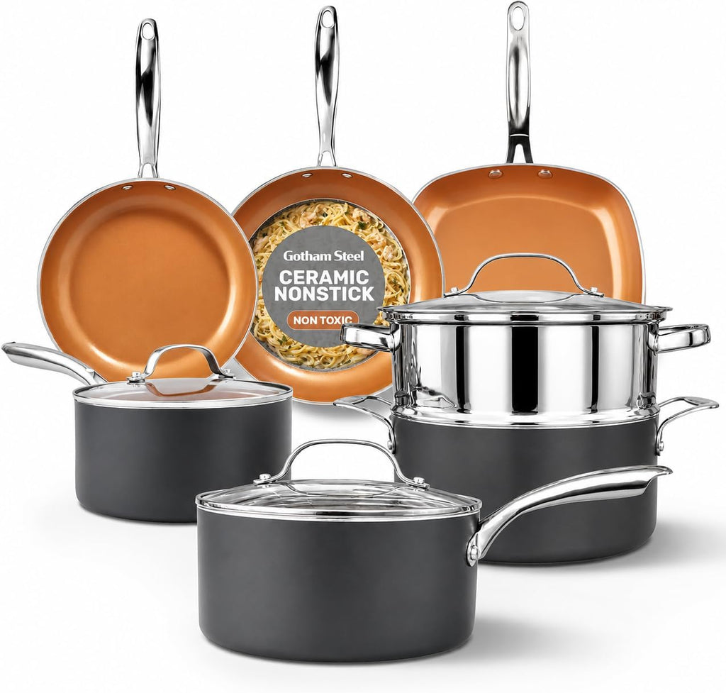 12 Pc Pots and Pans Set Non Stick Ceramic Cookware Set | Non Toxic PFOA/PFOS/PTFE Free, Stay Cool Stainless Steel