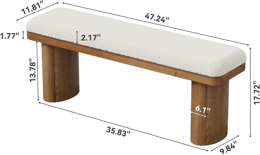 47" End of Bed Bench, Boucle Upholstered Bedroom Bench | Farmhouse Entryway Bench, Solid Wood Ottoman