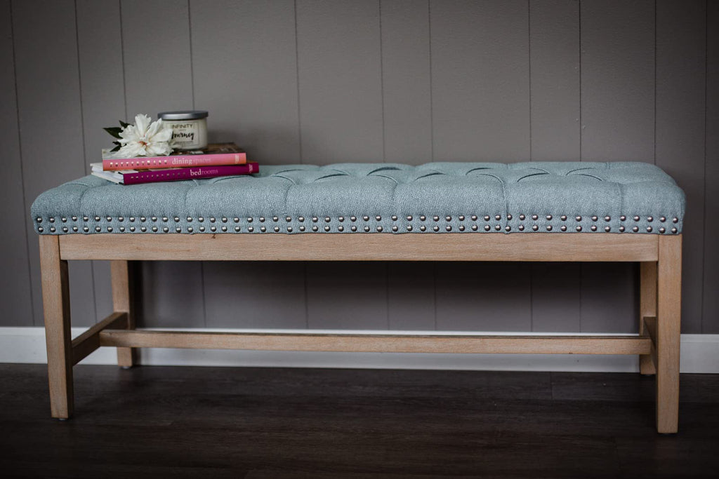 Province Linen Tufted Upholstered Bench - White Distressed Wood Legs with Nailhead Traditional Coastal Contemporary