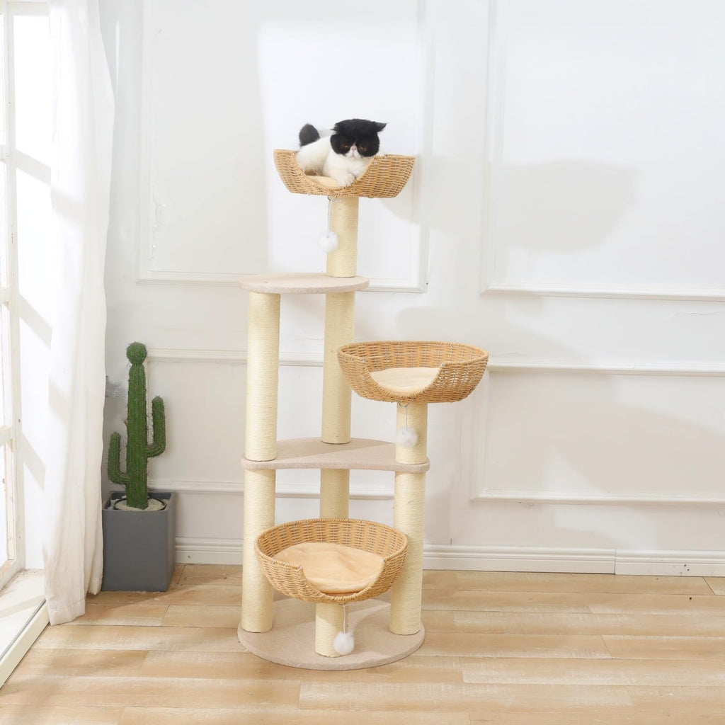 Modern Cat Tree Tower, Wooden Condo, 3 Large Rattan Wicker Basket Beds, Window Perch for Cats up to 20 lbs
