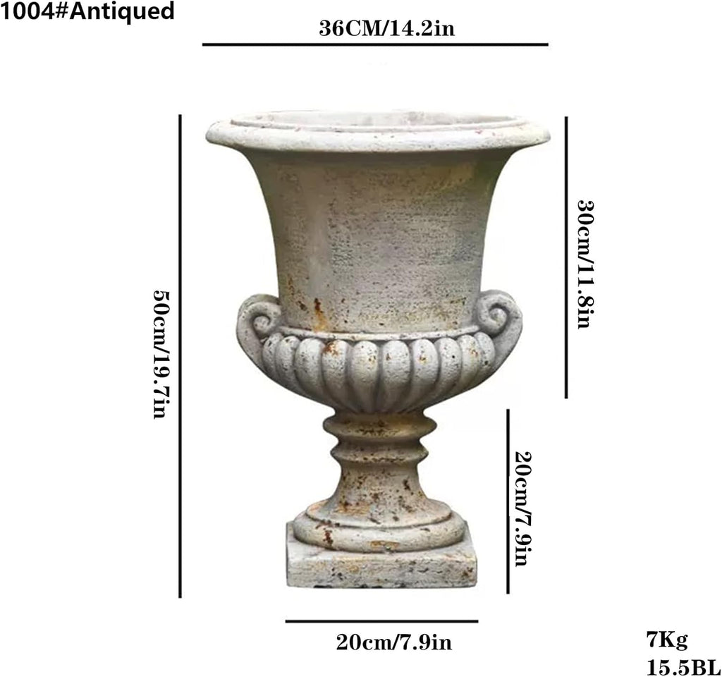 Vintage European Garden Urn Planter, Cement and Fiber Flower Pot, 19.7 Inche Tall, Make Rust Finished, Delivered from
