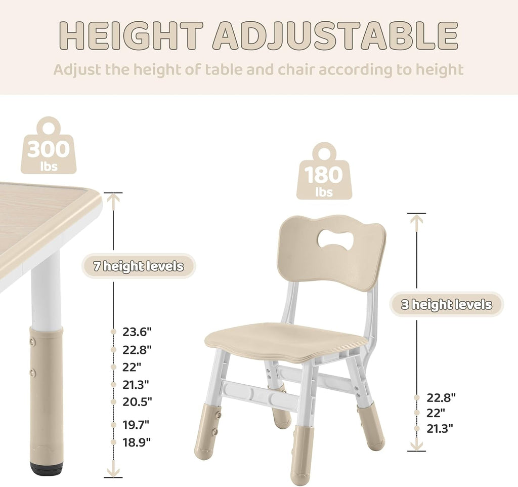 Adjustable Kids Table & 2 Chairs Set, 23.6" L x 23.6" W, Natural-W