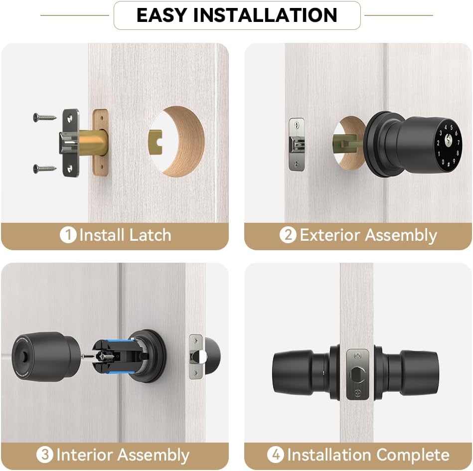 4-in-1 Smart Fingerprint Door Knob with App and Keypad, Matte Black