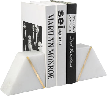 Natural Marble Bookends for Shelves, Decorative Book Ends for Heavy Books, Heavy Duty Mid Century Modern White and