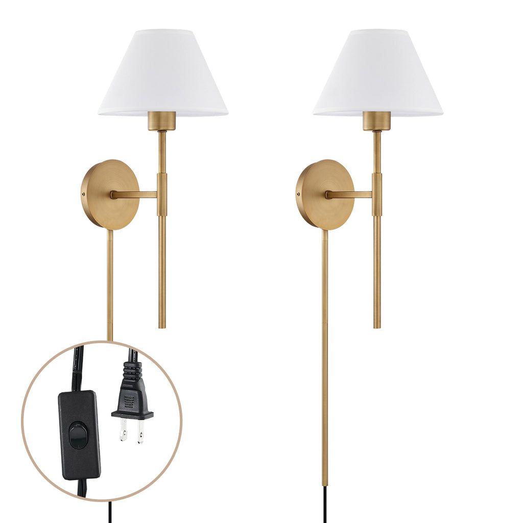 Millie Plug-in Wall Sconce, Wall Mounted Bedside Reading Lamp with Cotton Shade and Brass Back Plate, Set of 2
