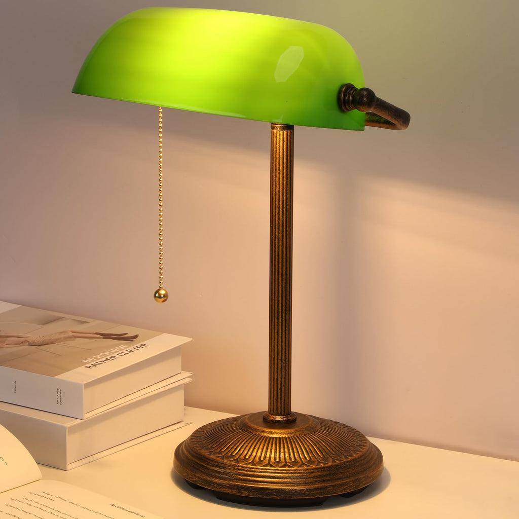 Bankers Desk Lamp, Green Glass Shade, Vintage Desk Lamp with Pull Chain Switch, Retro Table Lamps (Retro Gold+Green