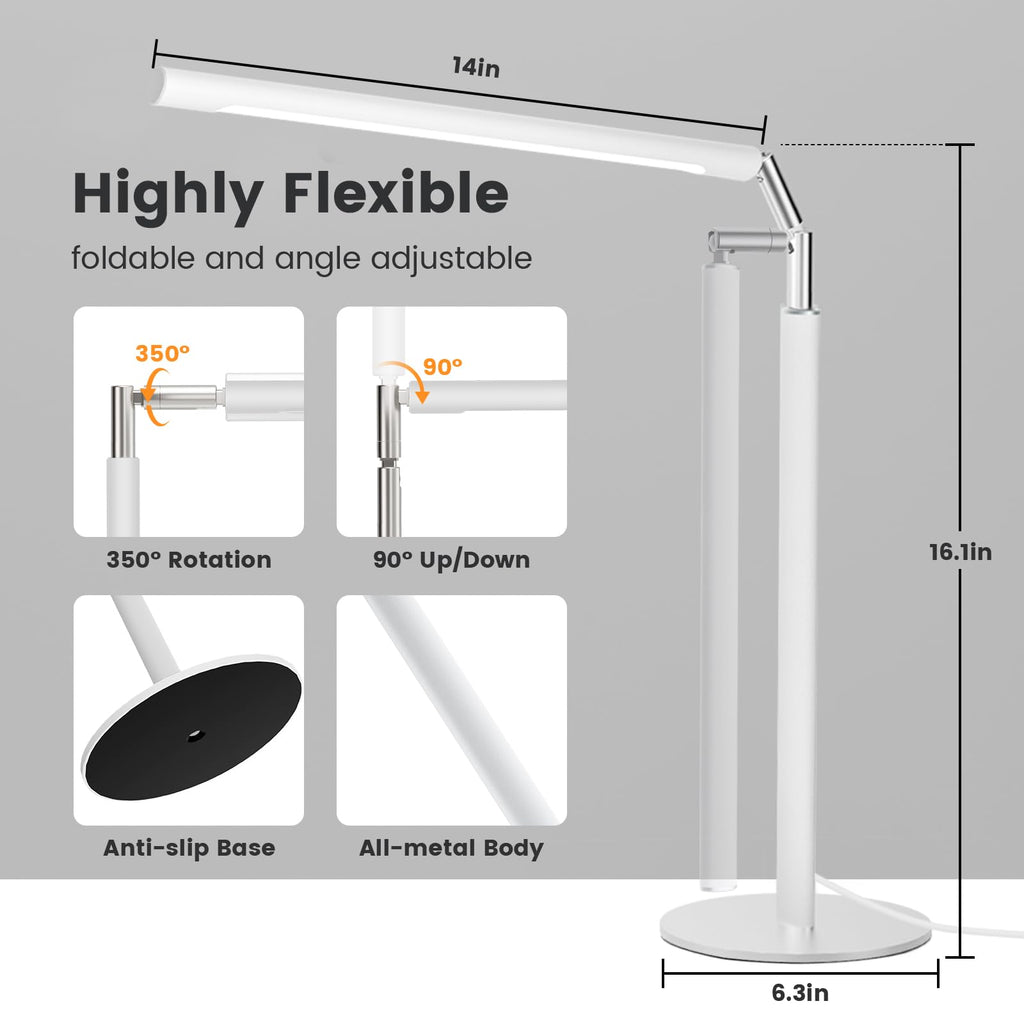 White LED Desk Lamp, 16" Dimmable Metal Desk Light with Base, 15W 1200LM, Adapter Included, Color & Brightness