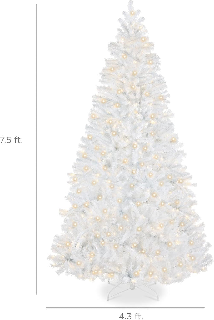 Artificial Christmas Tree, Premium Pre-Lit Realistic Spruce Holiday Décor w/Dense Branches, Metal Base - White