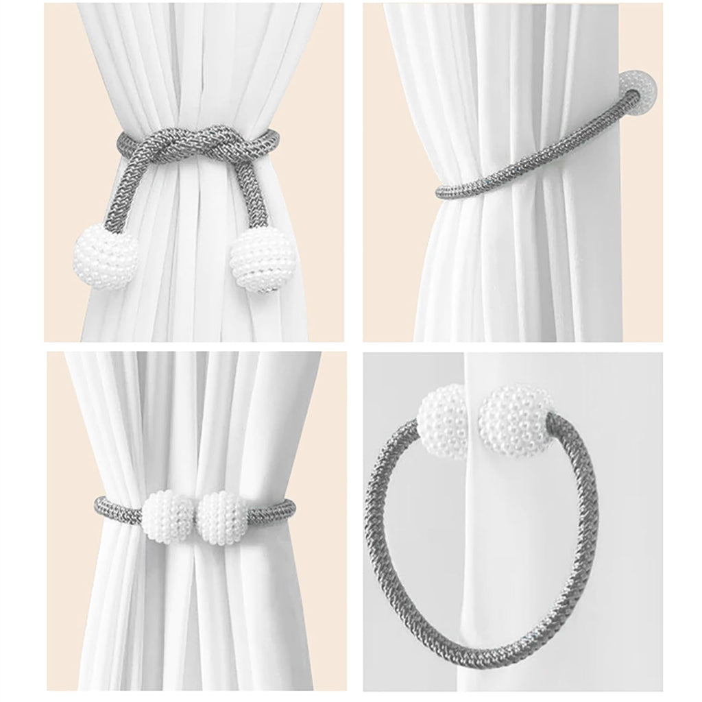 Magnetic Curtain Tiebacks with Pearls,Elegant Window Treatment Holdbacks for Heavy Outdoor Drapes (Grey) - 8 Pack