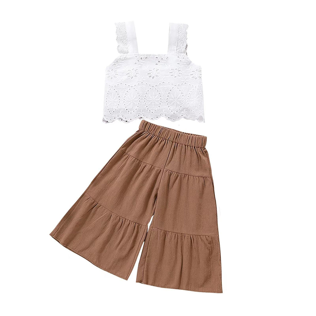 2PCS Baby Girl Sleeveless Strap Lace Crop Vest Tops + Flared Wide-Leg Pants Toddler Summer Outfits Set Clothes