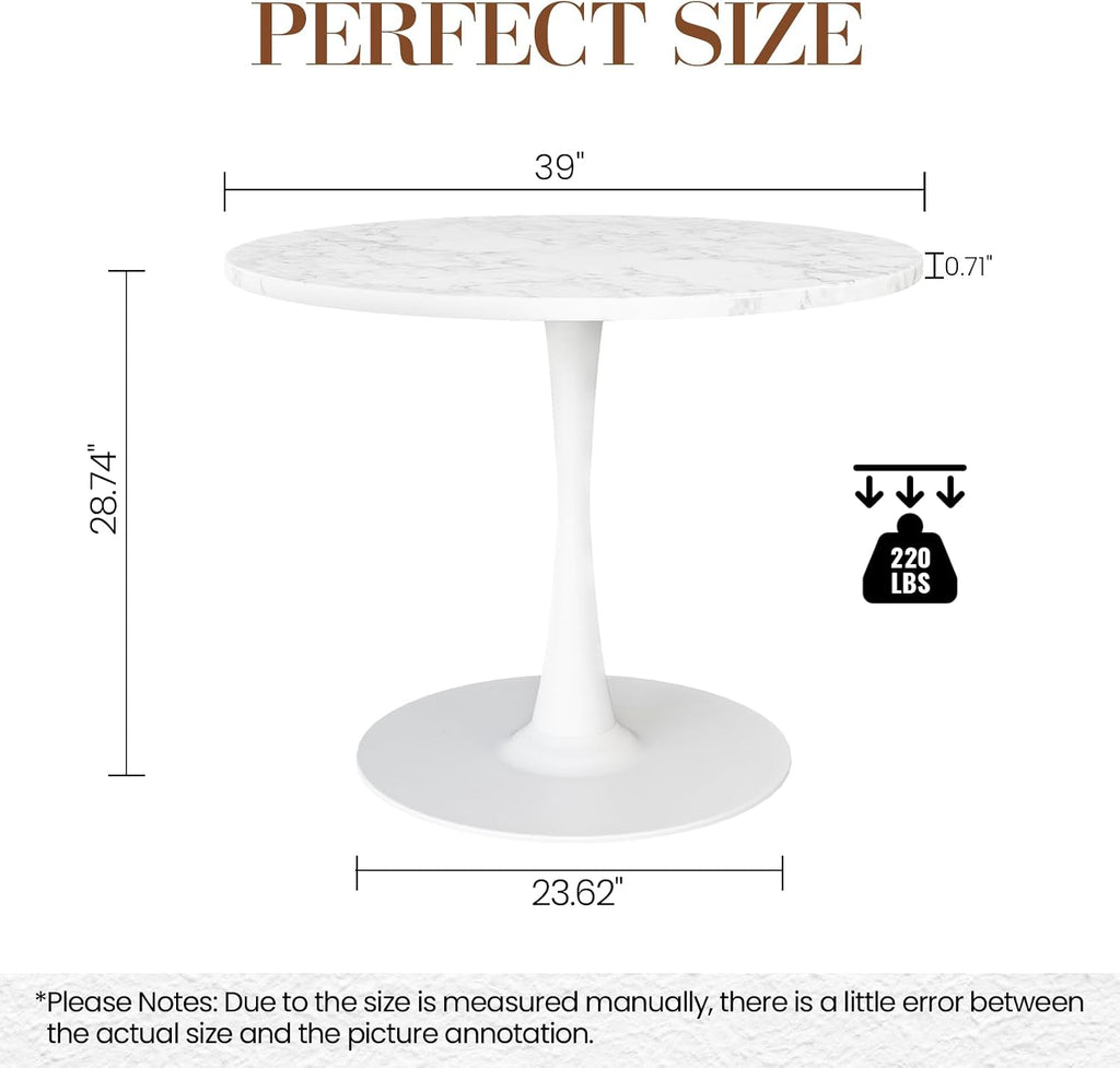 Inspired Saarinen Style Tulip Round Pedestal Dining Table — White Marble Top, 39.1″ Round