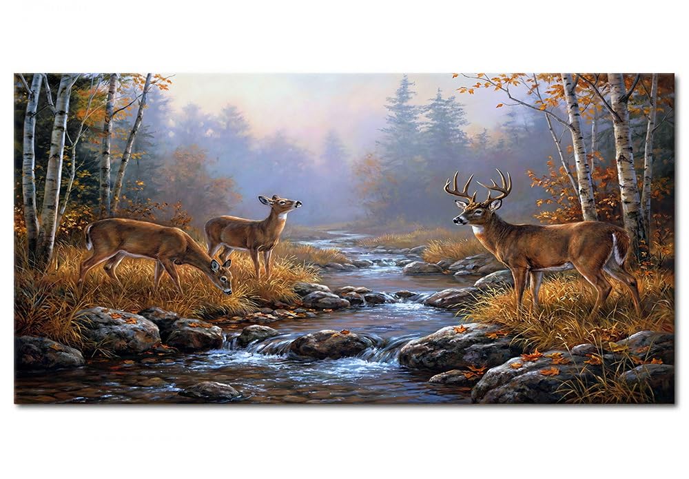 Deer Wall Art Autumn Forest Canvas Print Wildlife Landscape Painting Framed Yellow Rustic Nature Animal Pictures for