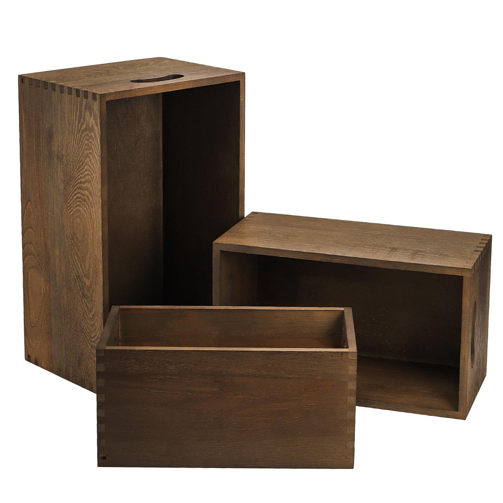 Set of 3 Nesting Wooden Crates, Wood Crate Box with Handle, Rustic Brown Decorative Wood Storage Crates Container