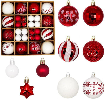 Christmas Ball Ornaments Set, Shatterproof White and Red Assorted Hanging Ornaments Xmas Tree Ball - Set of 44