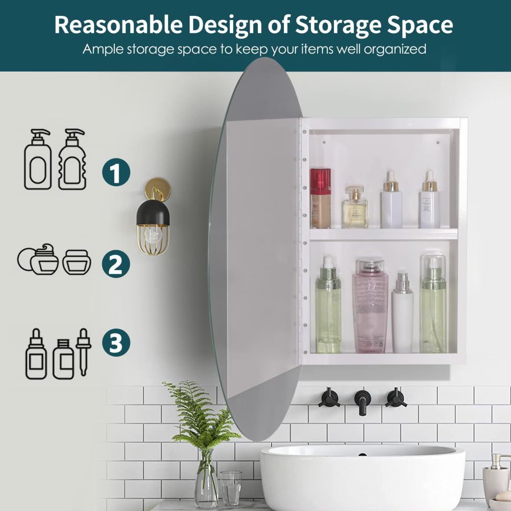 Oval Medicine Cabinet with Mirror, 18 inch x 26 inch Frameless Mirrored Medicine cabinets with Mirror, Surface Mounted