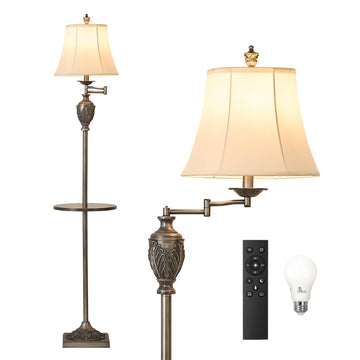 Traditional Floor Lamp with Tray, Remote Dimmable,350° Swing Arm and Silver