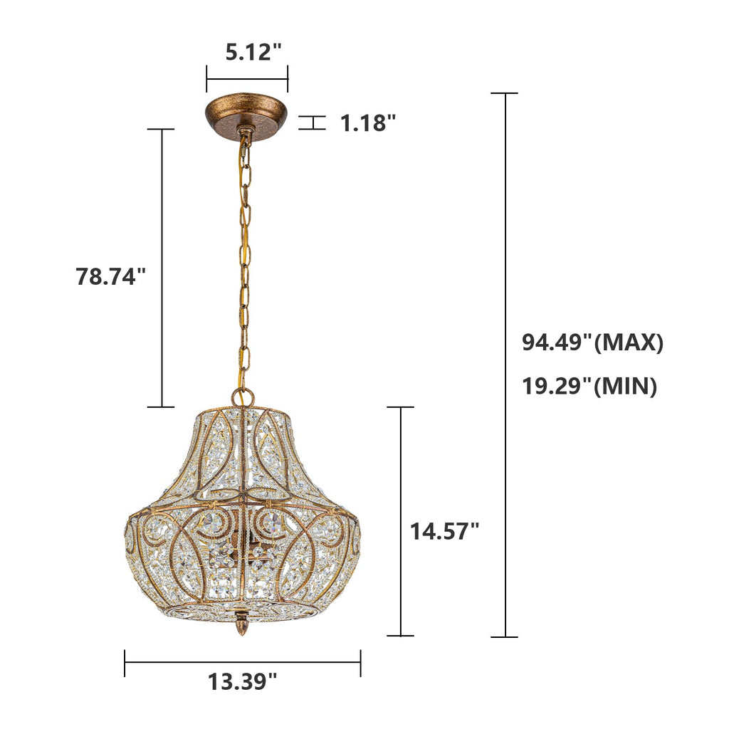 Antique Gold Gourd Beaded Chandelier, 13" Vintage Crystal Light