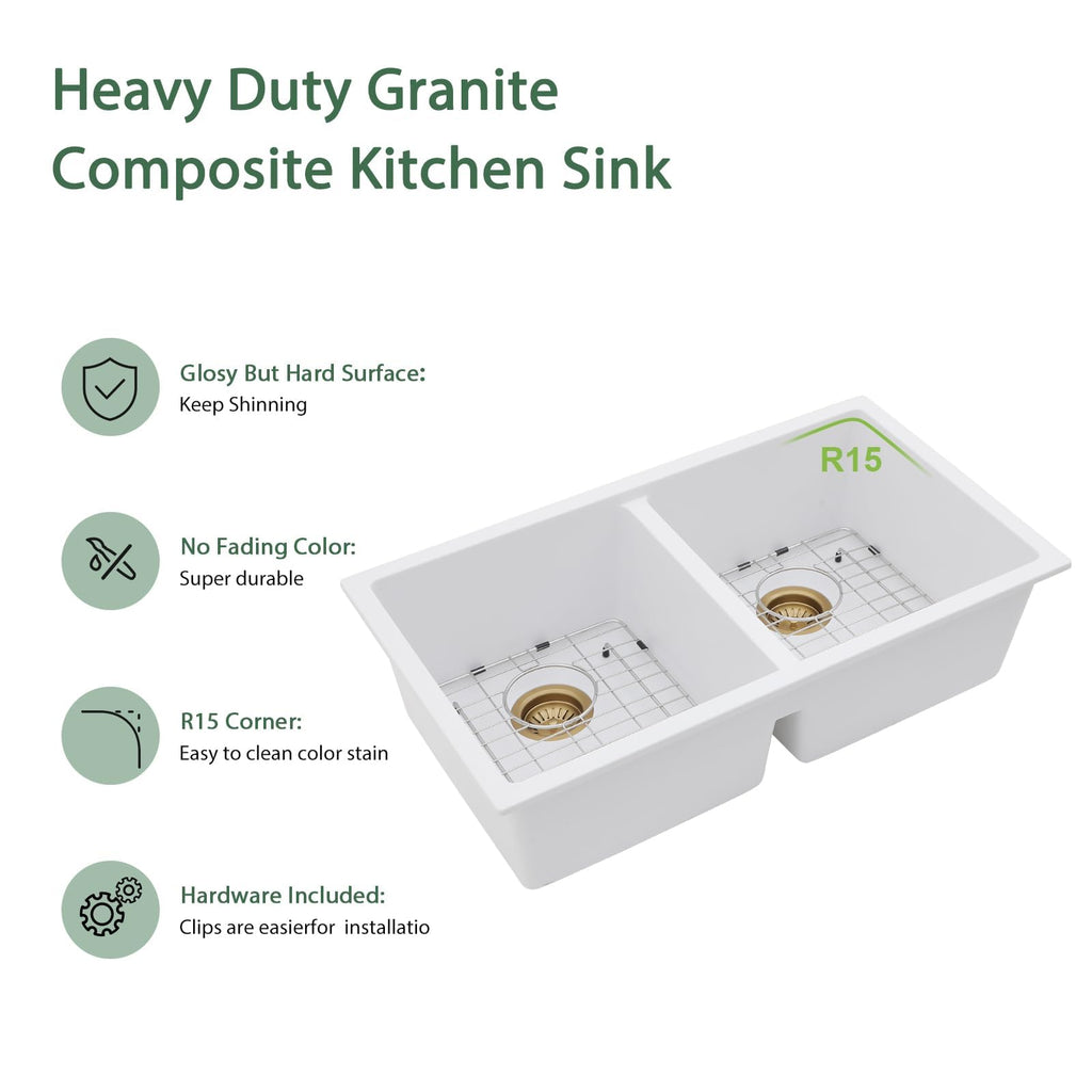 33 White Undermount Granite Composite Double Bowl Kitchen Sink