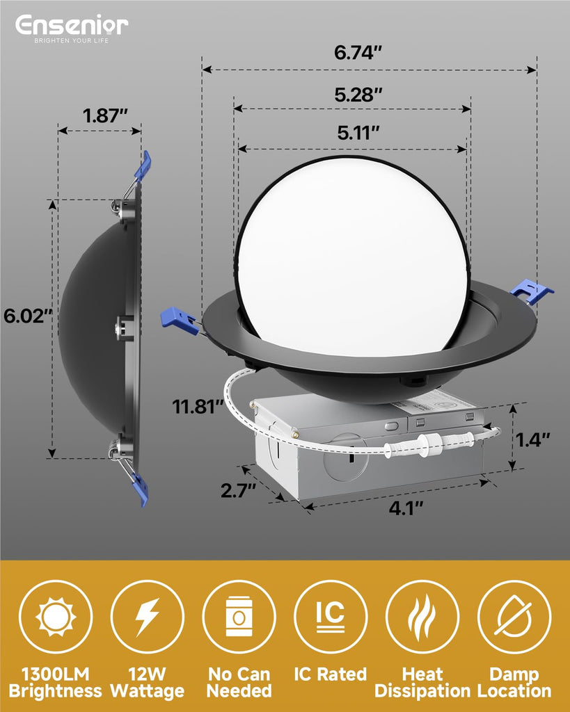 6 Pack 6 Inch Black LED Eyeball Gimbal Recessed Light, 5CCT