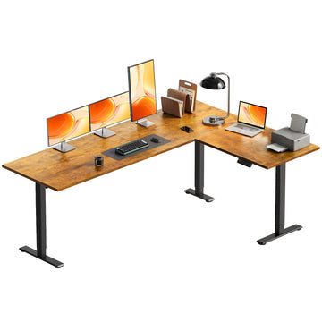 71 Inch Reversible L Shaped Electric Standing Desk, Rustic Brown