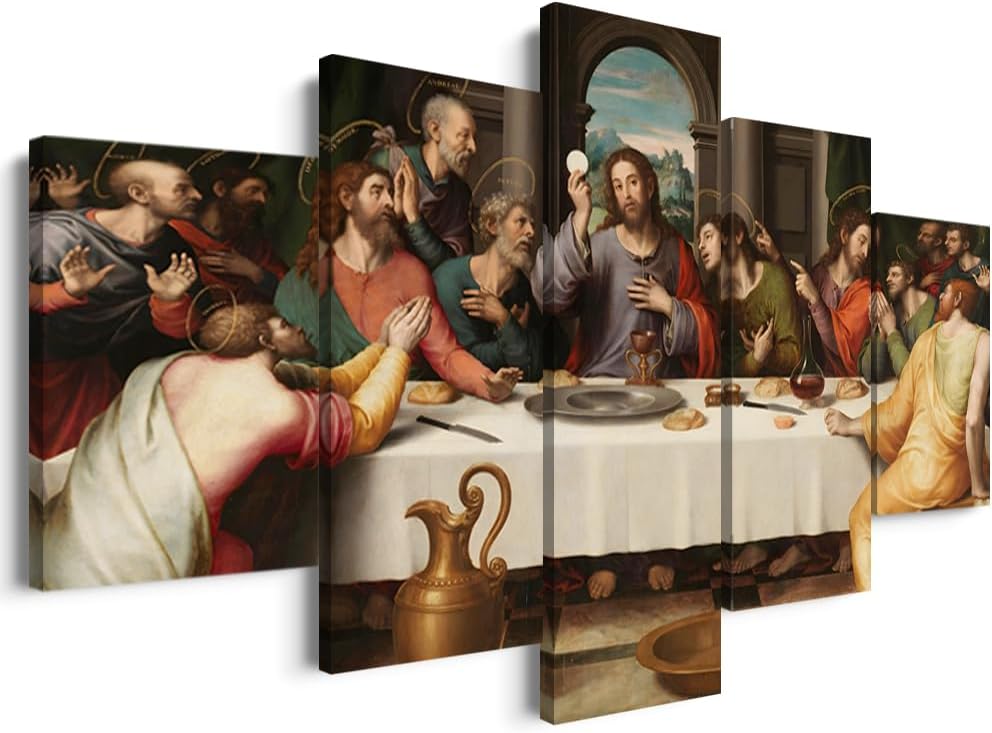 5 Panels Vintage Last Supper Canvas Wall Art Modern Famous Jesus Oil Painting by Leonardo Da Vinci Reproduction