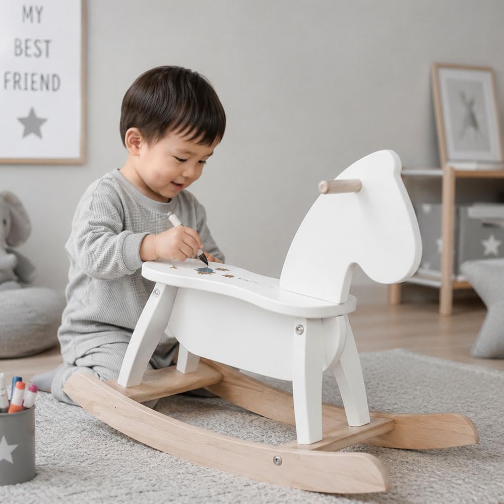 White Wooden Rocking Horse Funny for Toddlers (Ages 2-4) - Solid Rubber Wood, Smooth Surface for Creative Decoration