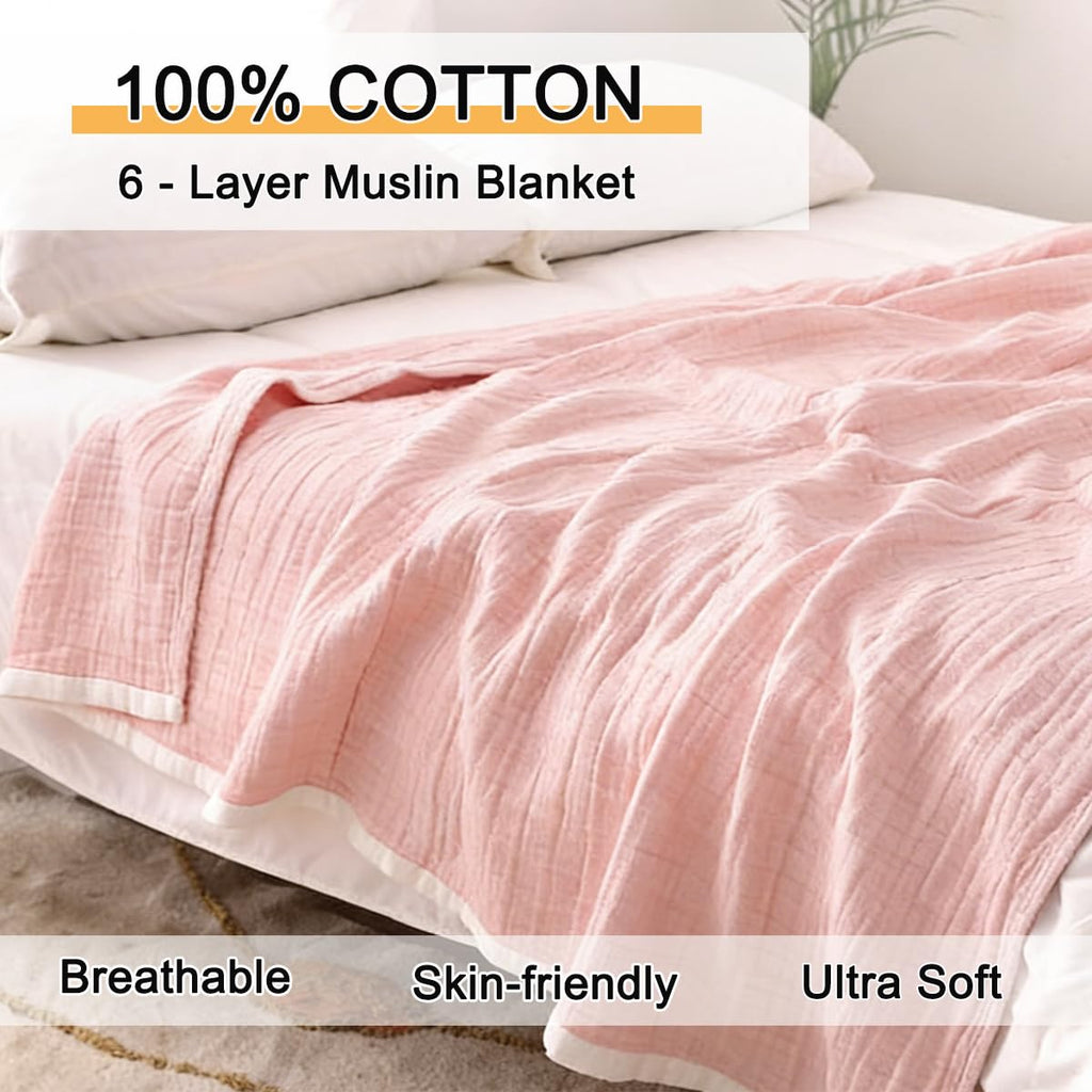 100% Cotton Muslin Throw Blanket for Couch Bed Travel 60x80in, Pink
