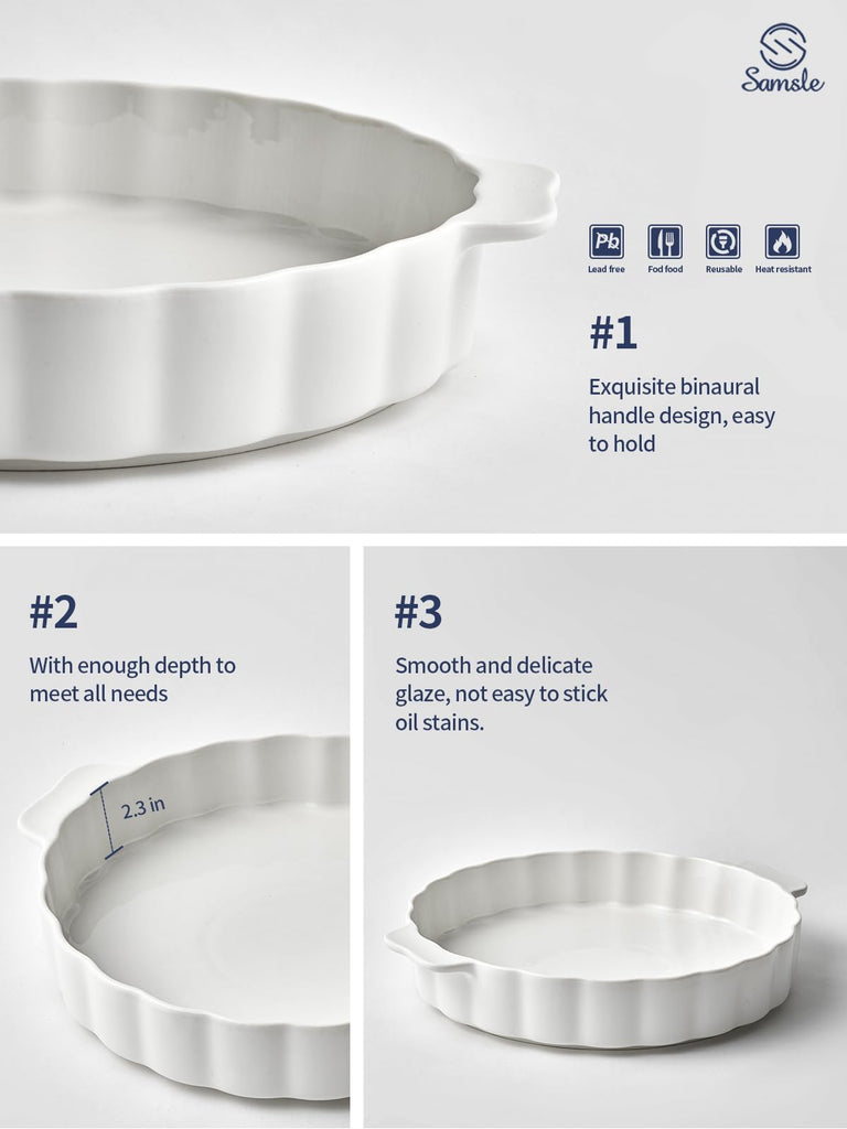 Ceramic Pie Pan, 13 Inch Round Baking Dish with Handles, White