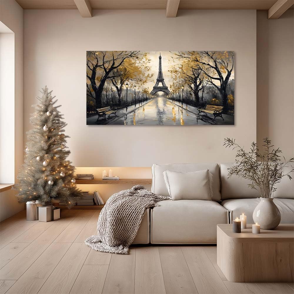 Romantic Paris Eiffel Tower Canvas Wall Black and Gold Cityscape Painting Print Gallery Wrapped Vintage City Artwork