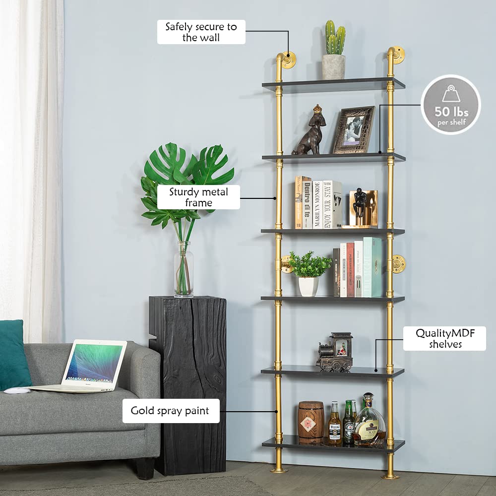 6-Tier Black Faux Marble and Gold Shelves Bookshelf Decor Industrial Pipe Shelving Metal (23.6x9.8x66.9")