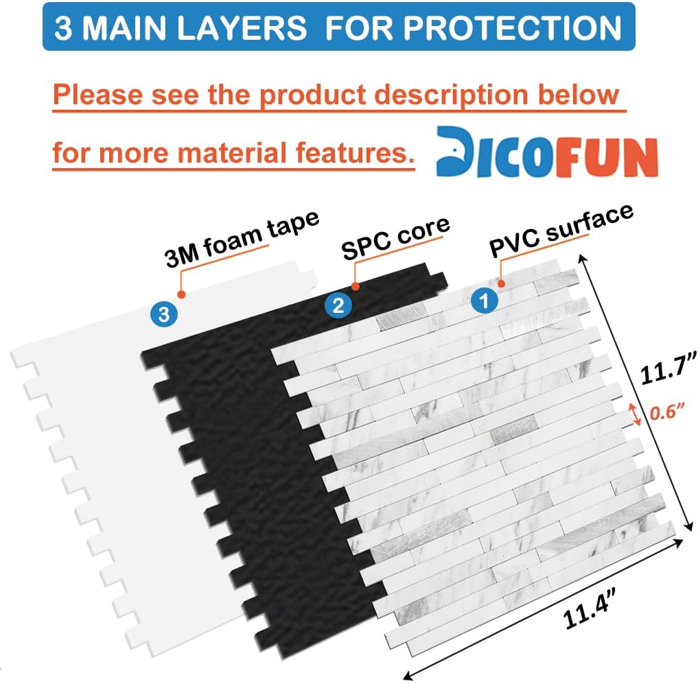 10-Sheet Peel and Stick Backsplash Tile, Faux White Marble Look PVC Mixed Metal Stick on Backsplash , 9.4 sq.ft