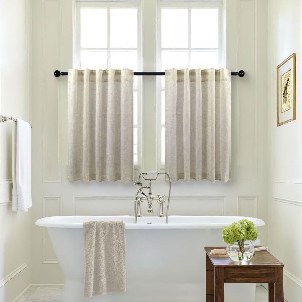 Half Curtains for Windows 36in Long Flax Linen Kitchen Tiers 2 Panels Back Tab Pocket Semi Privacy Glare Control