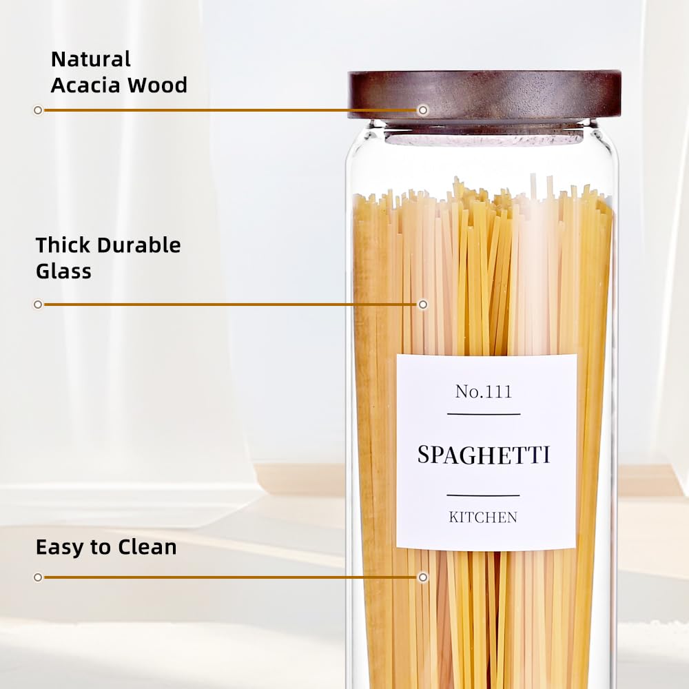 Glass Pantry Storage Jars with Acacia Airtight Lid, 50 OZ Kitchen Canisters with Wood Lid and 132 Pantry Labels, Food