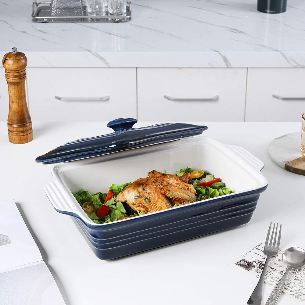 Ceramic Casserole Dish With Lid, Covered Rectangular Set, Lasagna Pan for Cooking, Baking Dish for Dinner, 9 x 13