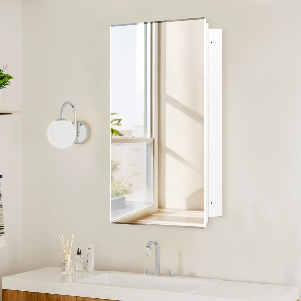 Bathroom Medicine Cabinet with Mirror, 20x26 Inch Rectangular Beveled Mirror Cabinet, Wall Mounted Metal Cabinet