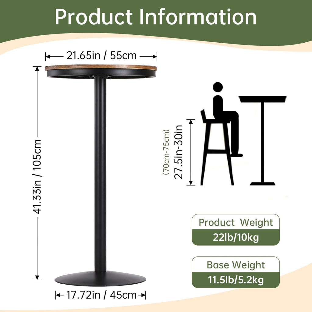 42" Height Round Bar Table with Solid Wood Top and Sturdy Metal Base, Rustic Industrial Pub Table, and Bistro