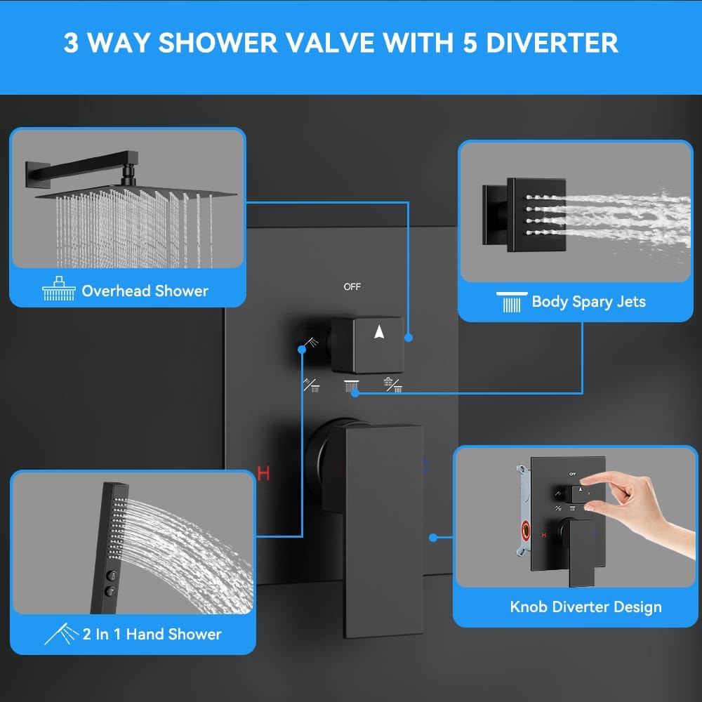 Matte Black Shower System with Body Jets, 12 Inch Rainfall Shower and Handheld Spray, Wall Mounted Full Body Shower