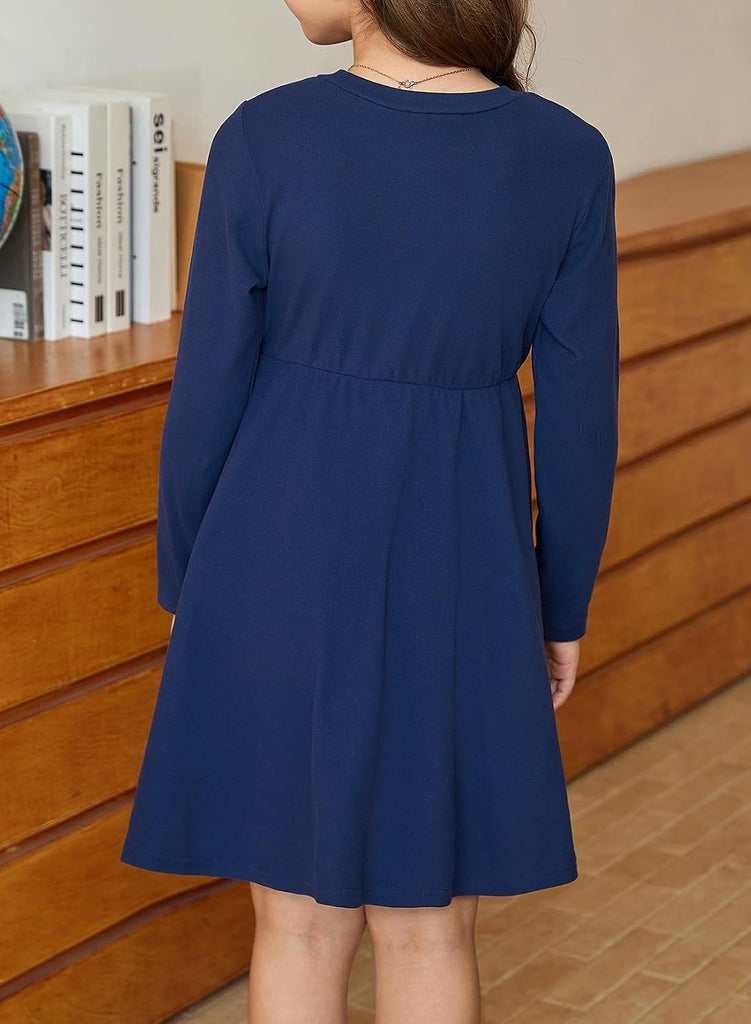 Girls Fall Dresses Long Sleeve Bow Dress with Pockets